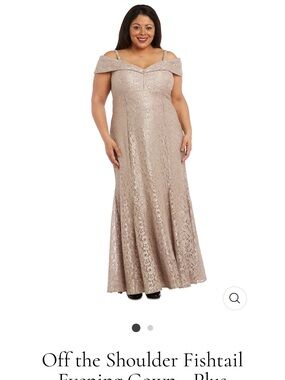 R&M Richards Taupe Lace Off-the-Shoulder Evening Gown